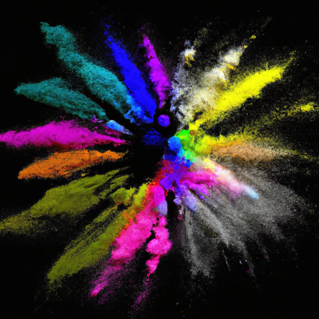 Vibrant shot of an explosion of multi-colored powder in the form of a circular pattern