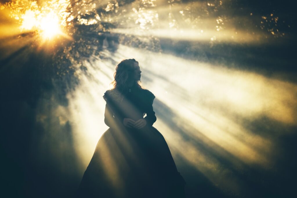 Woman in black in the foggy forest - gothic style.